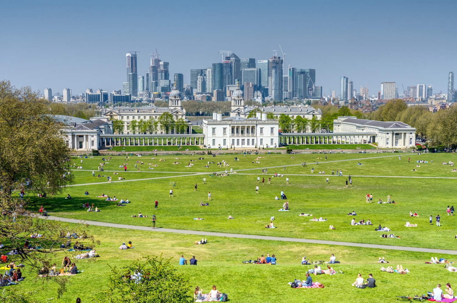 Greenwich Park with Queens House and Cannary Wharf in the background