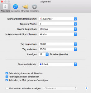 iCloud Standardkalender in den Kalender-Einstellungen