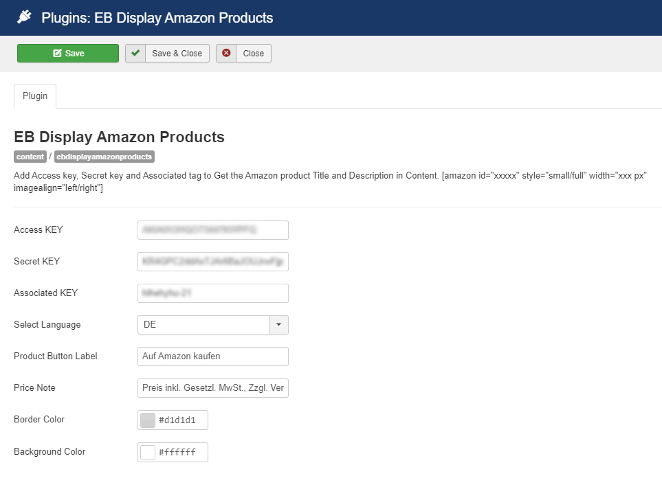 The configuration page of EB Display Amazon Products.