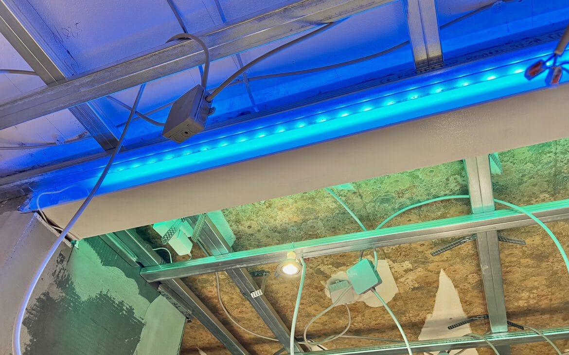 White painted steel beam with LED lighting