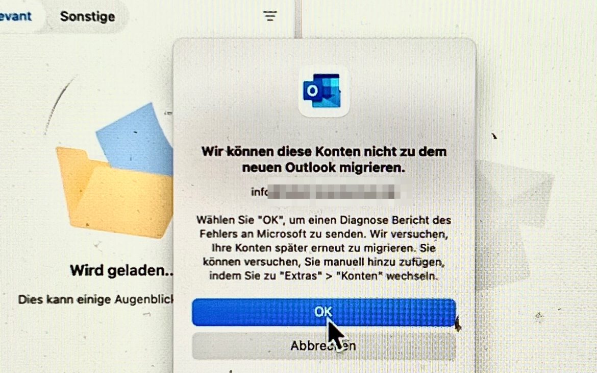 Wir können diese Konten nicht zu dem neuen Outlook migrieren