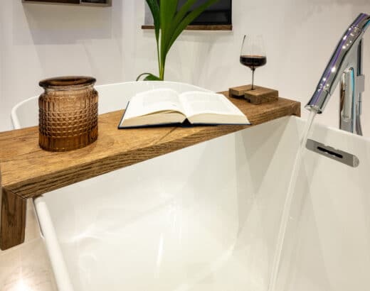 Build your own bathtub tray with wooden wine glass holder
