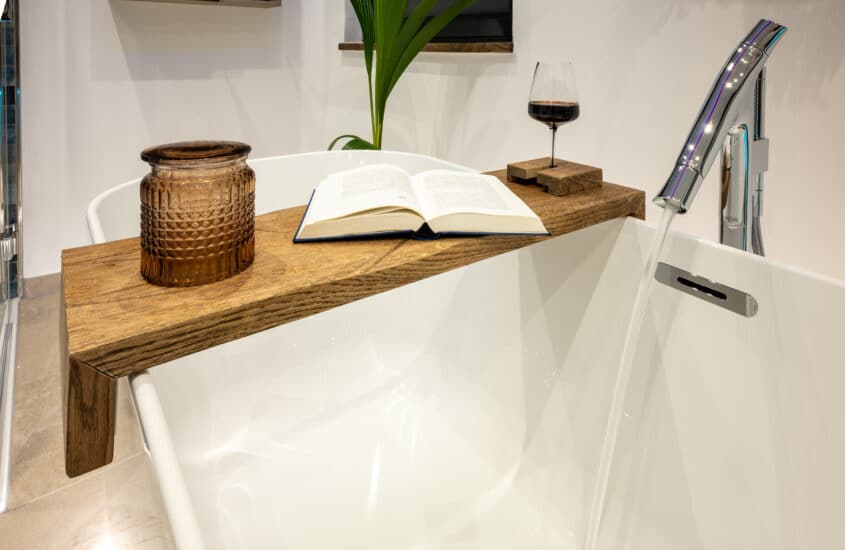DIY Wooden Bath Tray with Wine Glass Holder