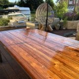 Teak garden furniture lacquered with boat varnish