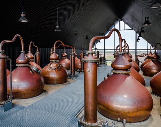 Brennblasen in der Whisky-Brennerei Stauning